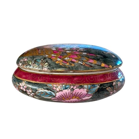 Chinese Porcelain Floral Peacock Trinket Dish w/Lid - Picture 2 of 7